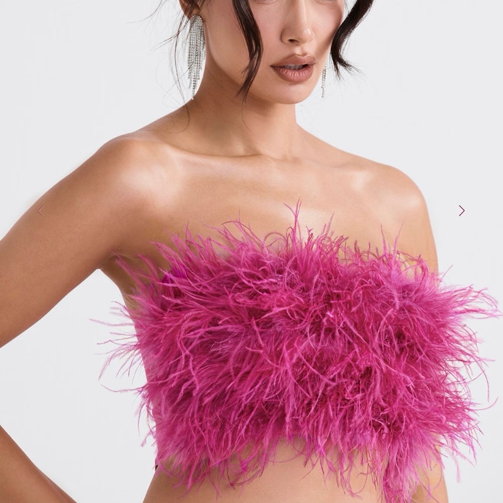 HouseofCB Strapless Feathered Top in Bold Pink